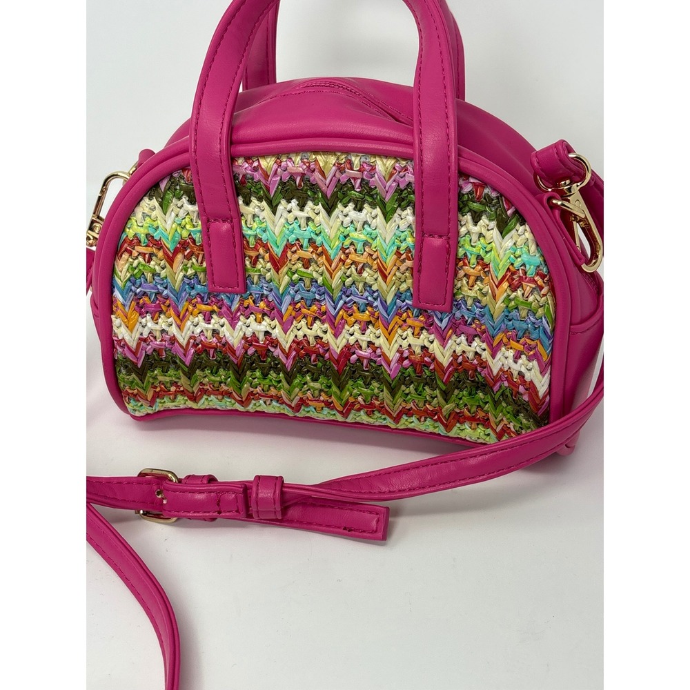 Forever 21 Pink Faux Leather Multi Color Woven Straw Crossbody Mini Satchel Bag - Picture 1 of 6